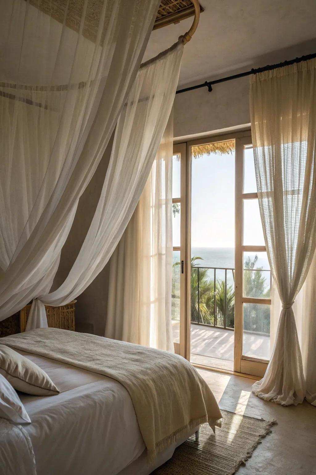Airy textiles fashion a breezy, spacious atmosphere.