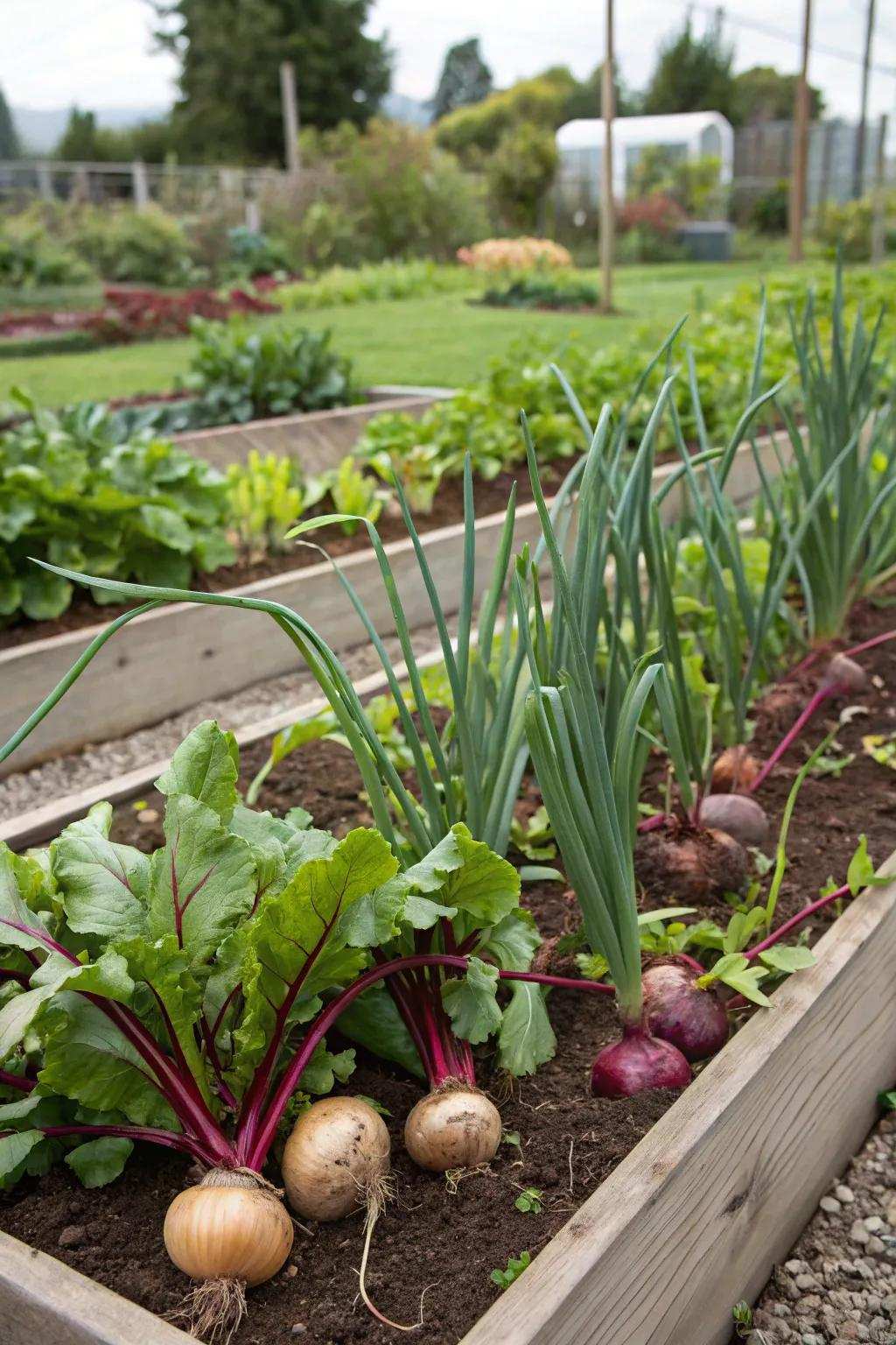 Alliums and crimson bulbs, a vibrant and accommodating gardening coalition.