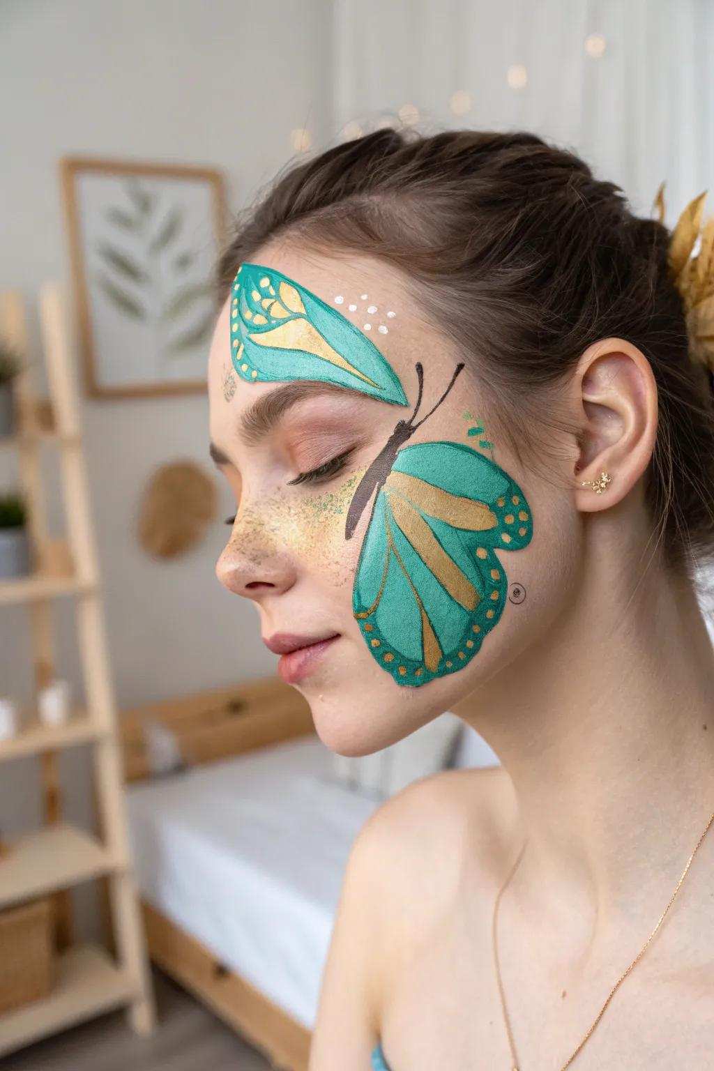 Allow your imagination to take flight with this Whimsical Butterfly face art, where cerulean and gold create a magical twist on simplicity.