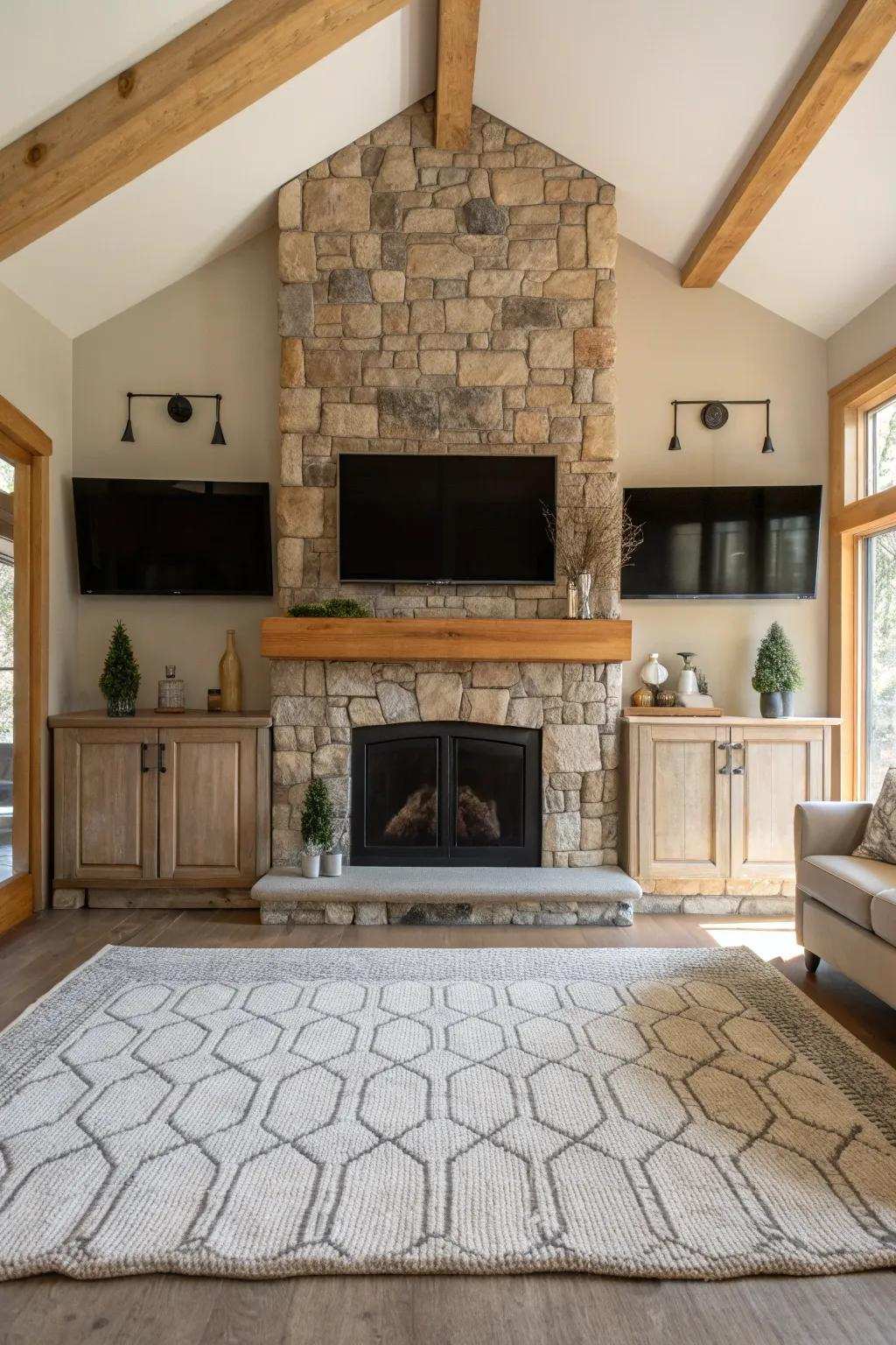 Amplify the viewing pleasure with paired displays that complement your striking stone fireplace. #TVSetup #InteriorDesign