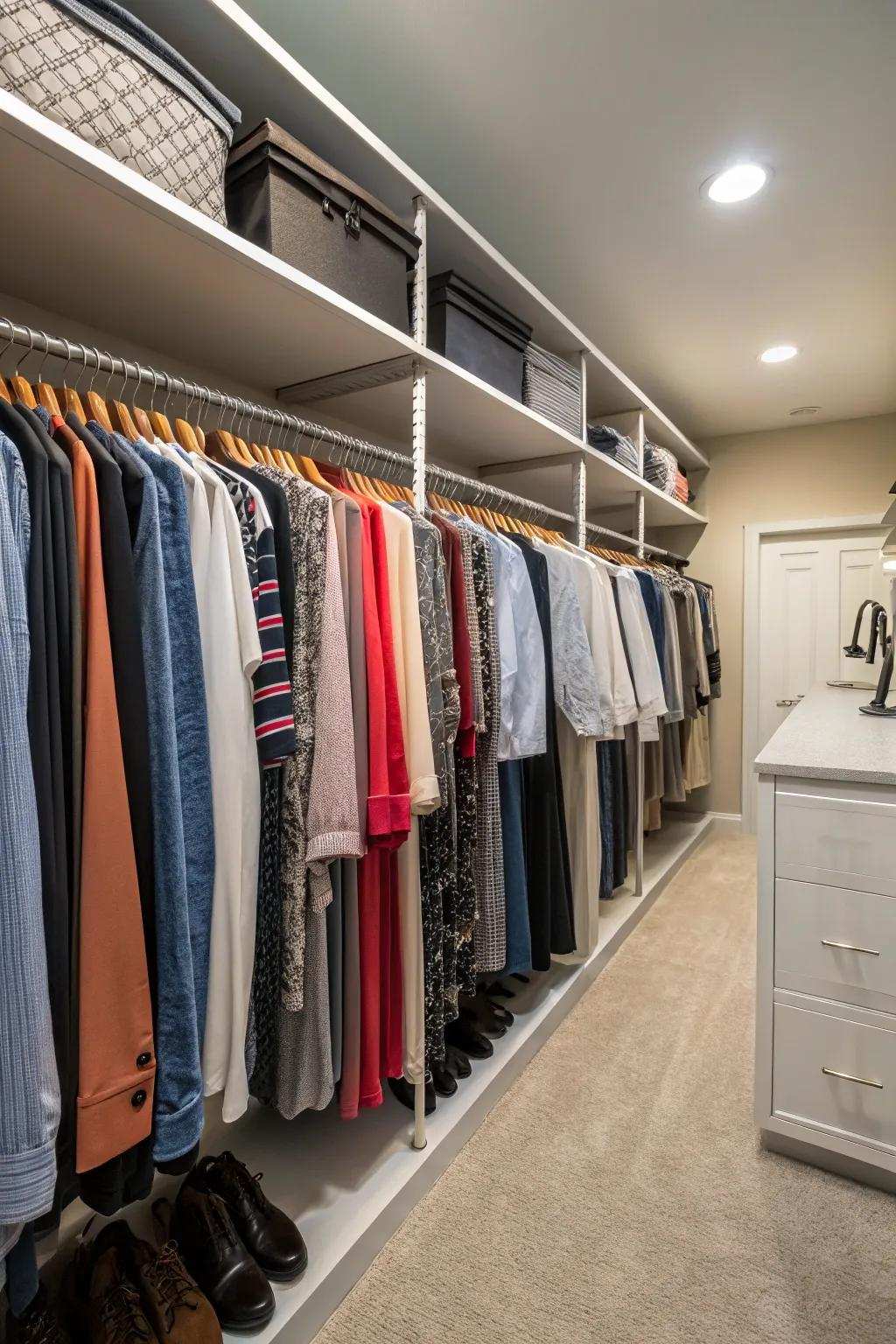 Amplify vertical space using hanging rods.
