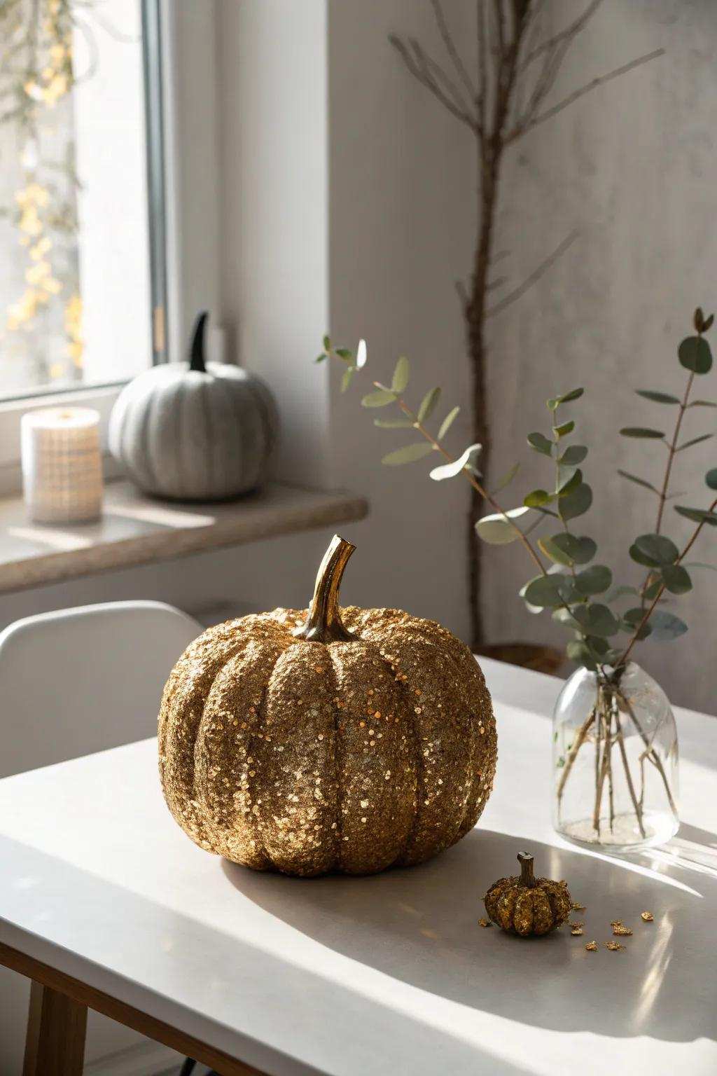 Amplify your autumn ornamentation with a dash of shimmer. This sparkling disk-encased pumpkin is a fusion of minimalism and bohemian allure, ideal for a stunning seasonal centerpiece.