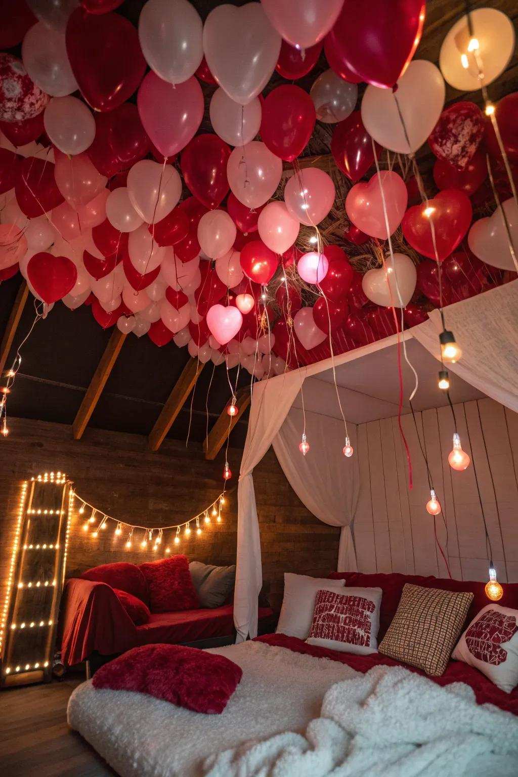 Amplify your decor by blanketing the ceiling with a flurry of Valentine's balloons. #BalloonDecor #RomanticVibes #ValentinesDay
