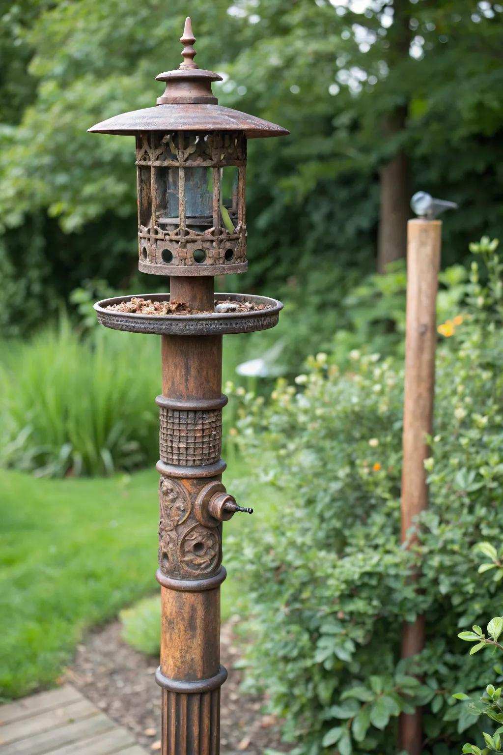 Amplify your garden's charm using this eco-friendly, repurposed bird station pole—where ingenuity meets artistry.