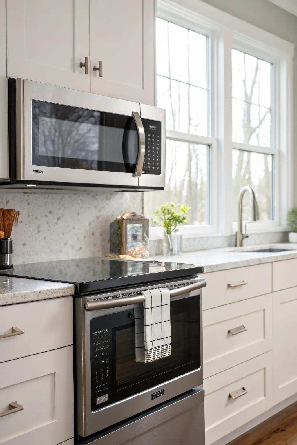 An above-the-range rapid food cooker provides both flair and usefulness.