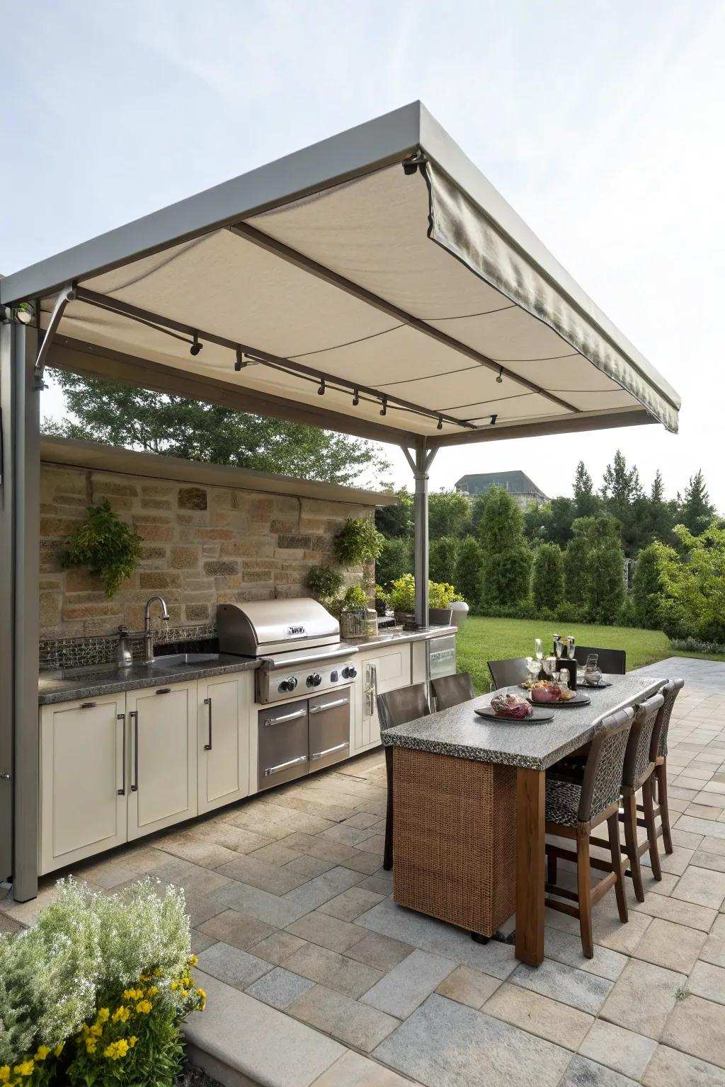 An adaptable covering offers year-round comfort in your open-air cooking area.