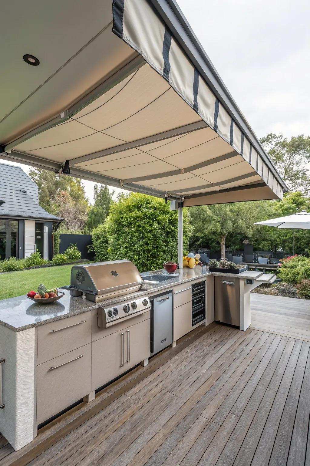 An adjustable canopy delivers adaptability for sun or shade in your open-air cooking area.