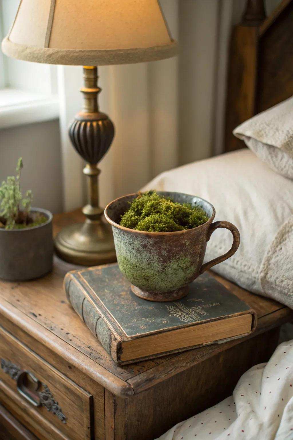 An aged mug transformed into a quaint moss patch.