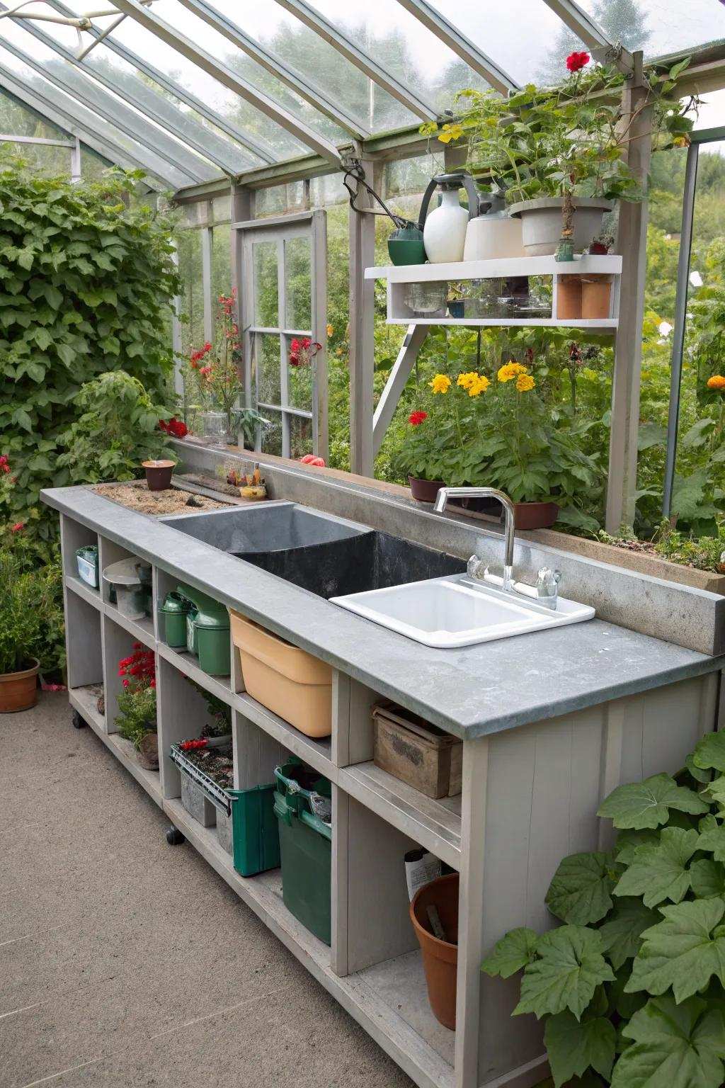 An all-purpose sink area that ensures gardening necessities are well-organized.