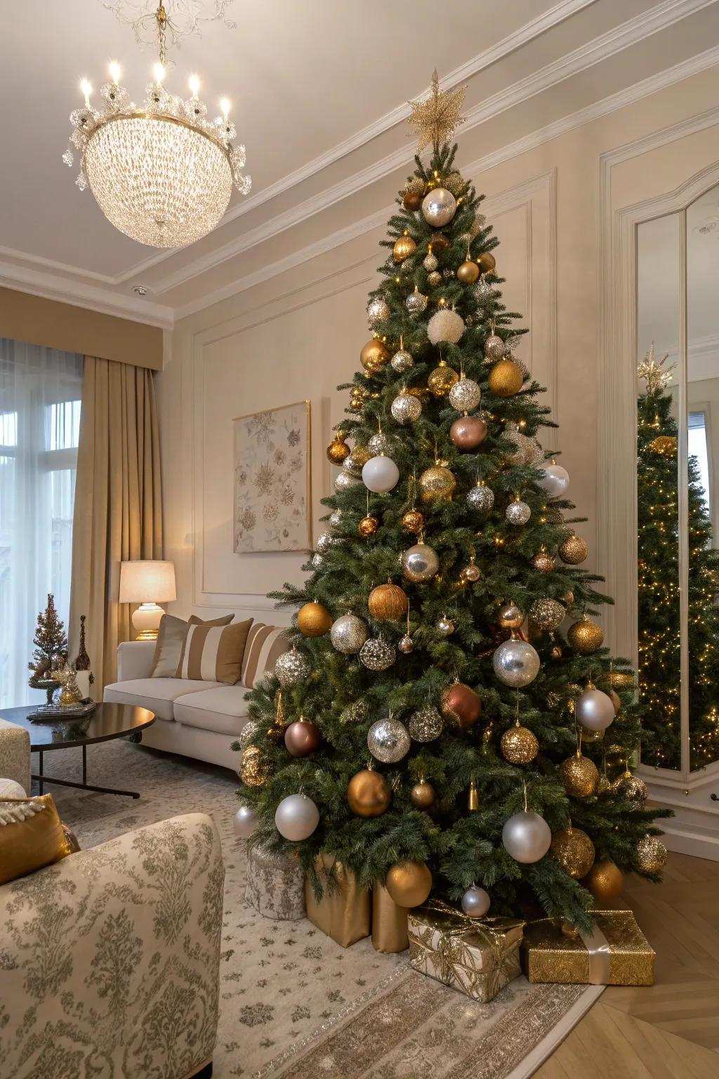 An alluring metallic bauble tree that dazzles with celebratory elegance.