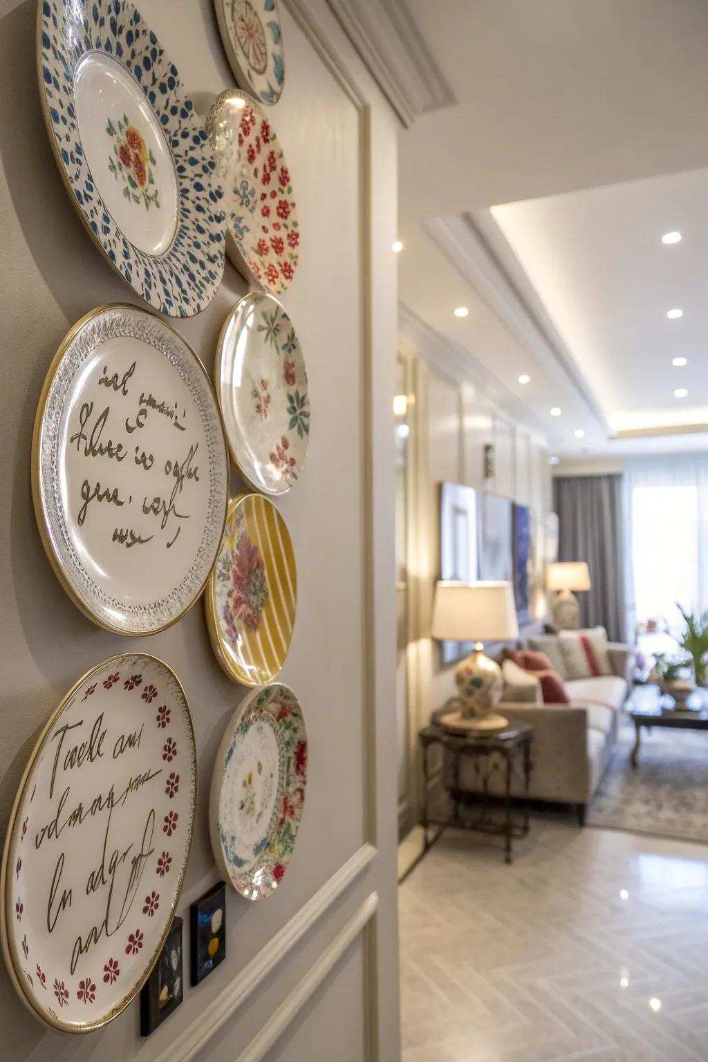 An apartment featuring a stylish plate wall, each plate carrying a personal message.