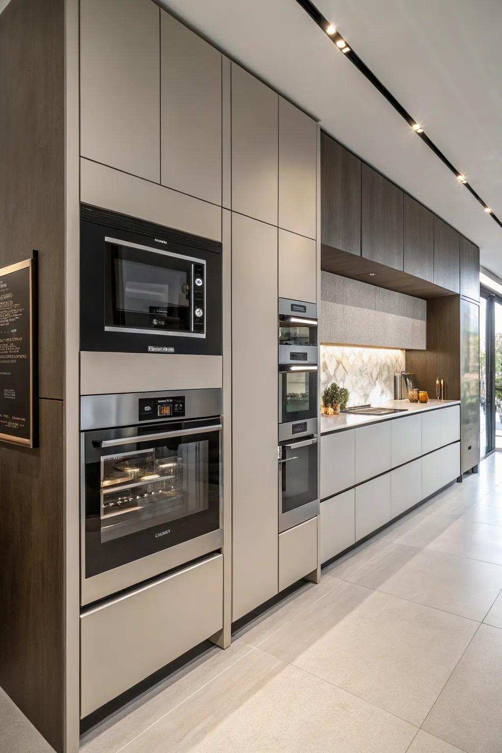 An appliance wall with an integrated rapid food cooker creates a sleek and harmonious kitchen.