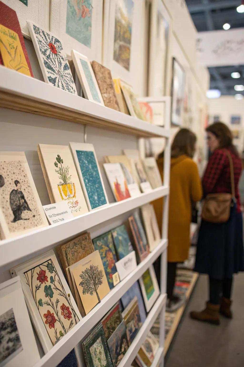 An array of artworks transforms the shelf into a miniature showcase.