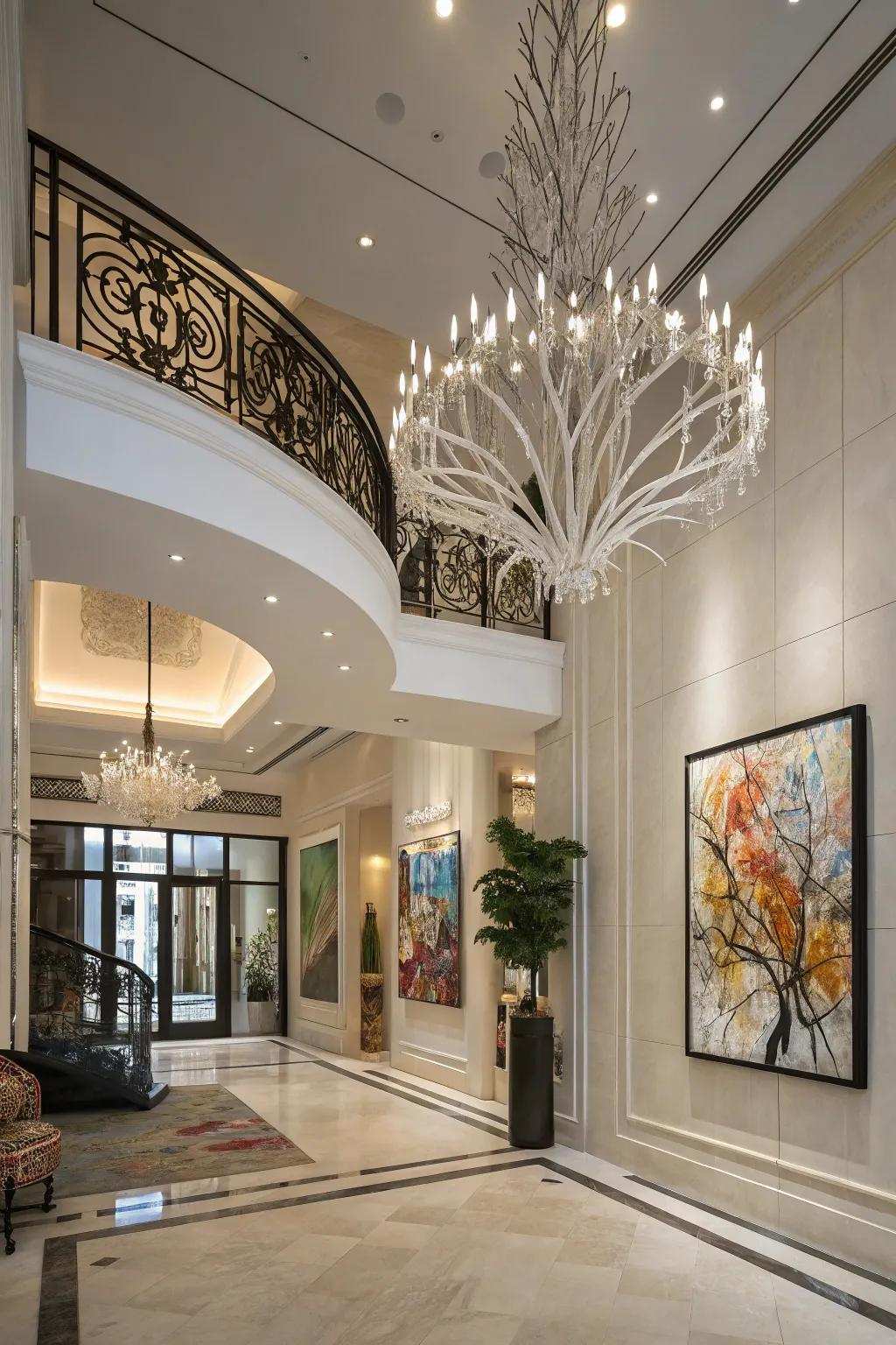 An art-inspired chandelier adds a bold impression to this contemporary entrance hall.