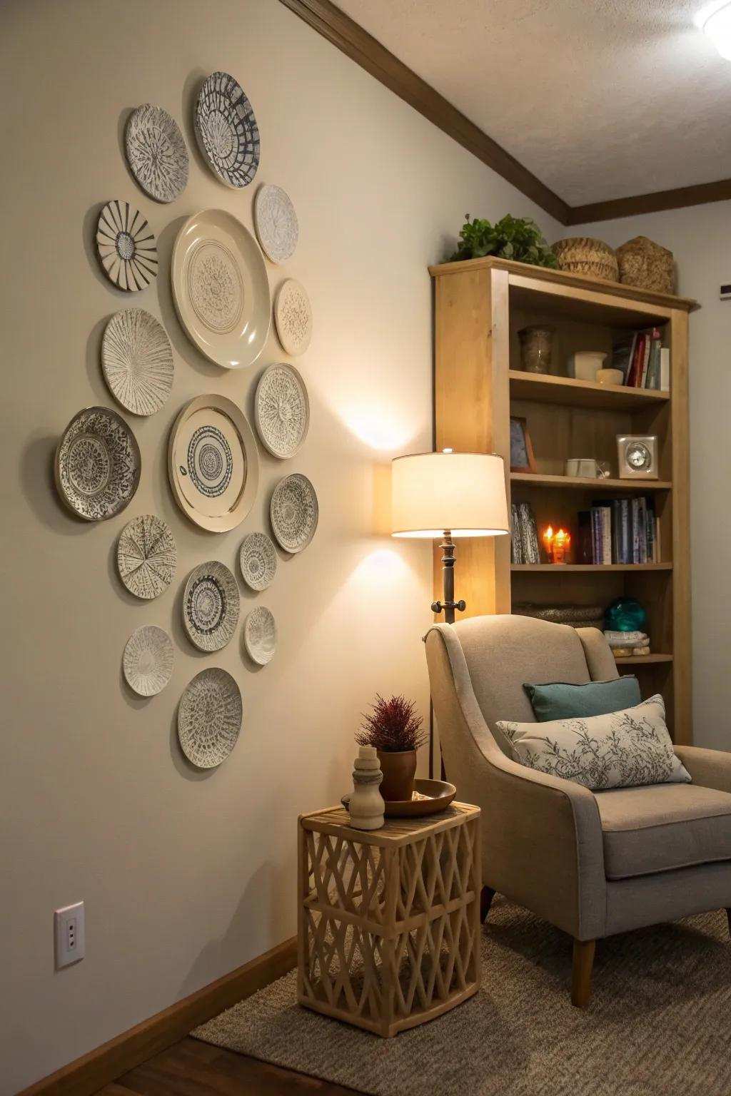 An art installation of awareness fashioned from plates, imparting serenity to an abode.