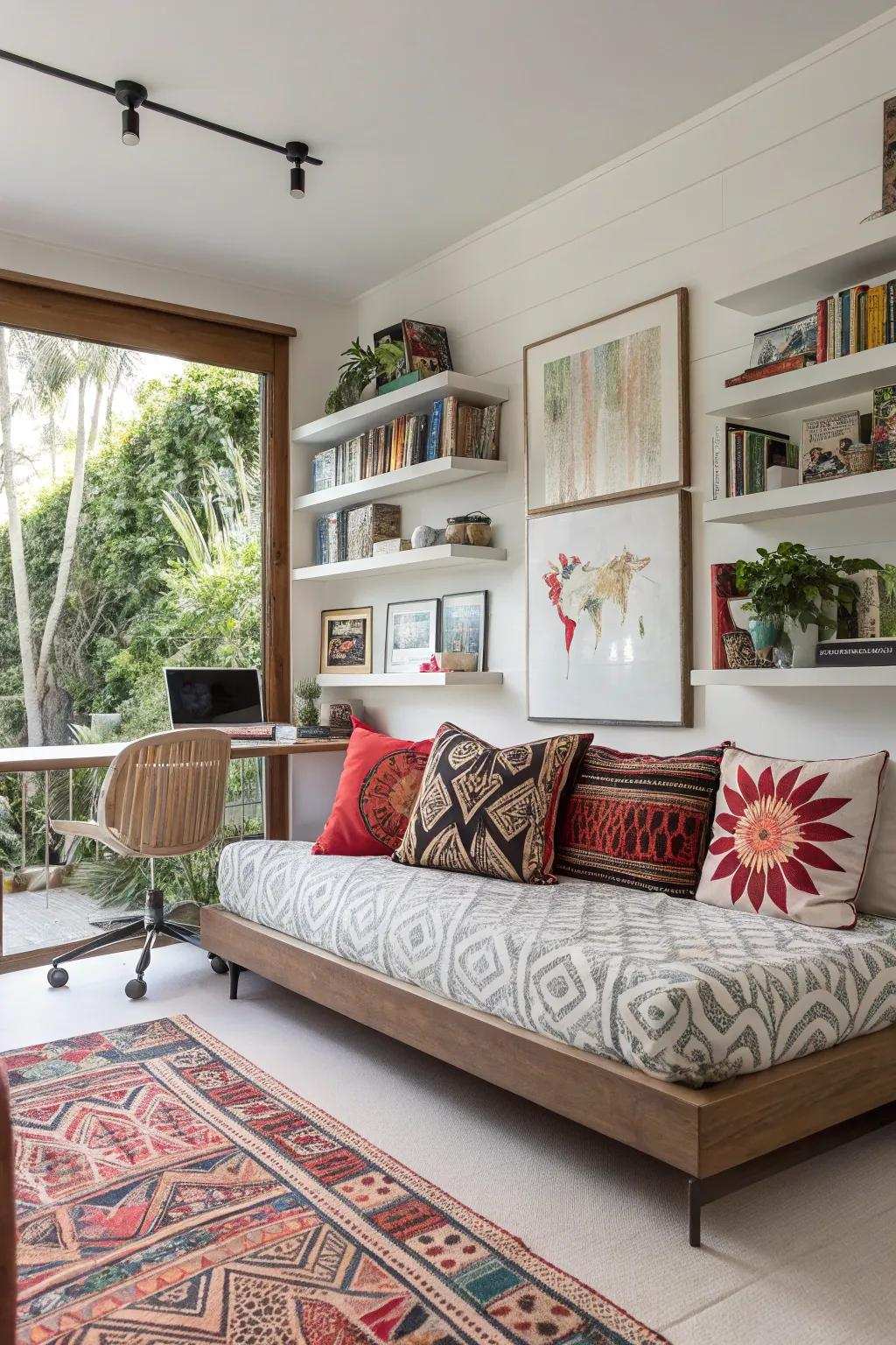 An artistic daybed can serve as a source of inspiration in your office.
