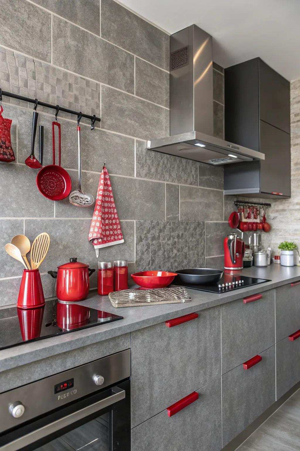 An ash backsplash provides a neutral backdrop that complements vibrant red kitchen features.
