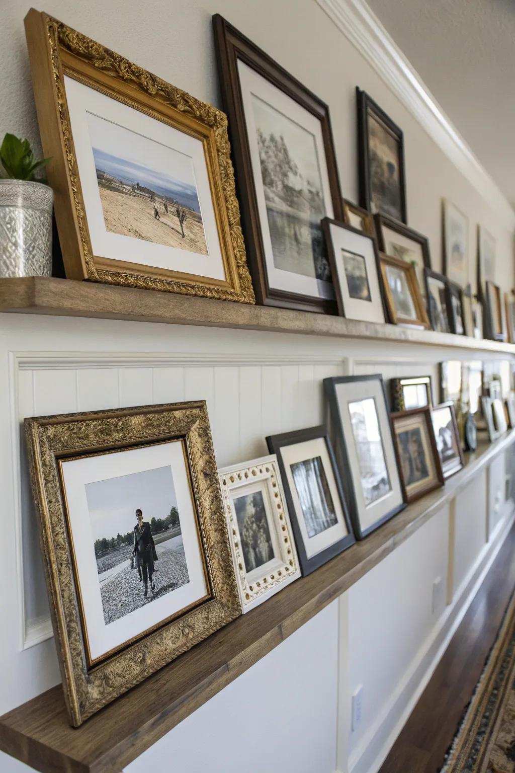 An assortment of frame aesthetics on a display ledge creates a versatile appeal.