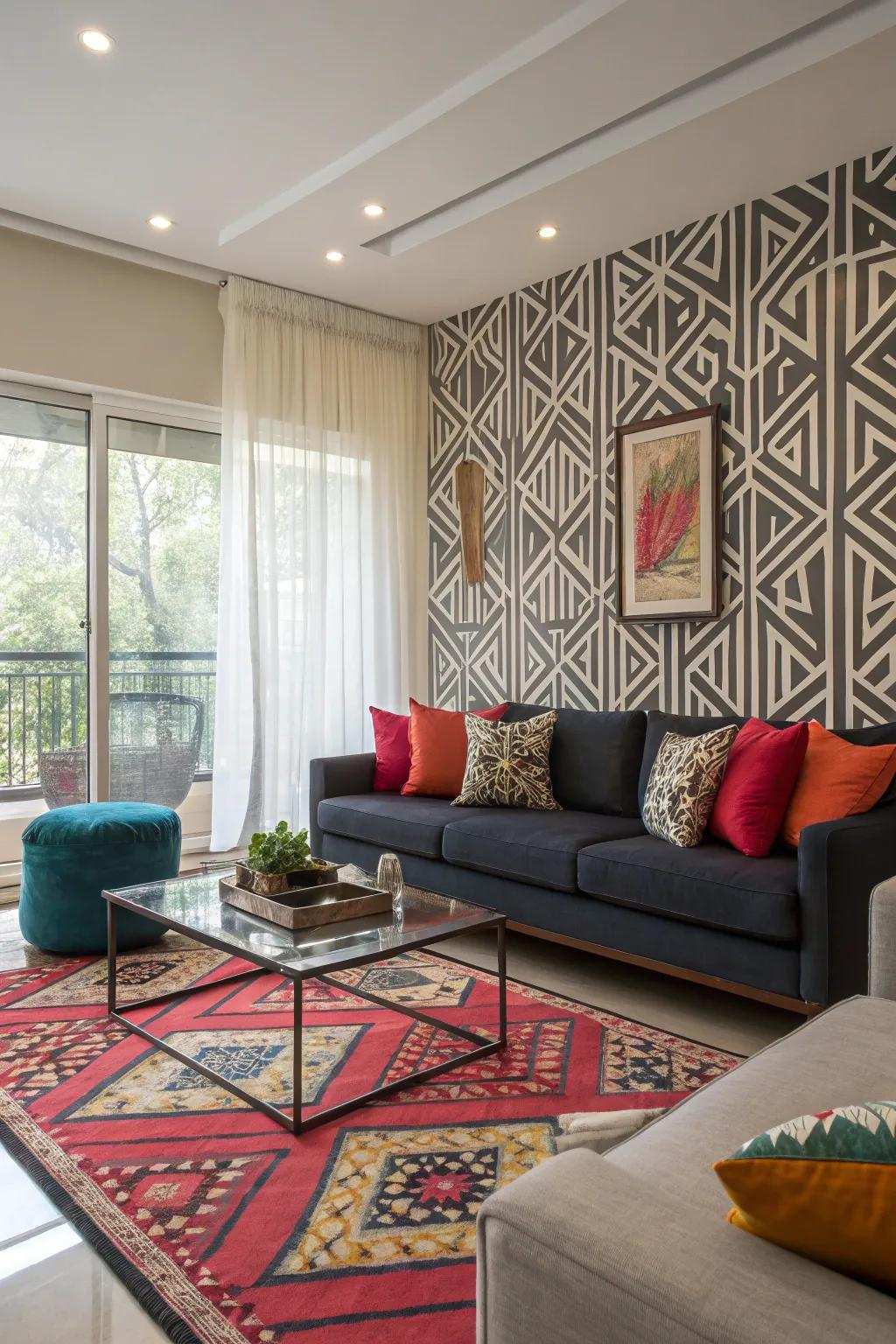 An attractive, geometrically inspired feature wall improving the living room's aesthetic.
