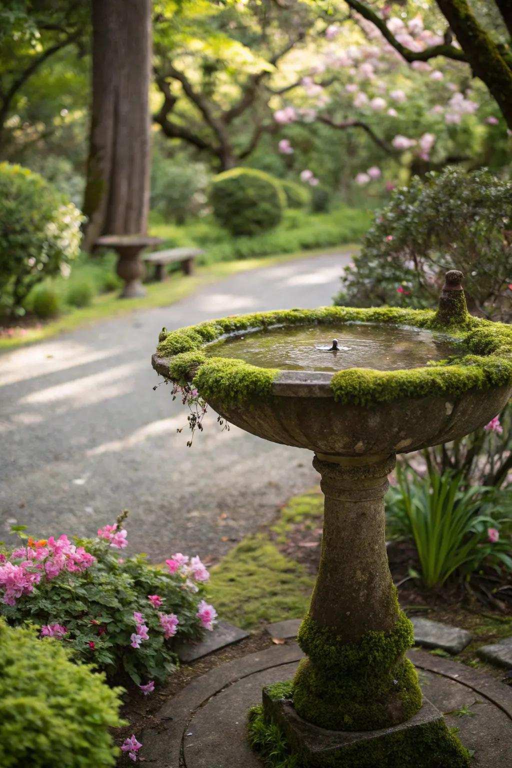 An aviary bath creatively transformed into a moss garden piece.