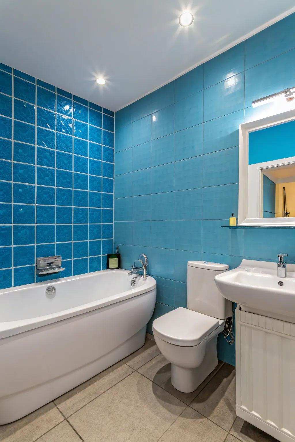 An azure highlight wall lends dimension and individuality to this modern bathroom.