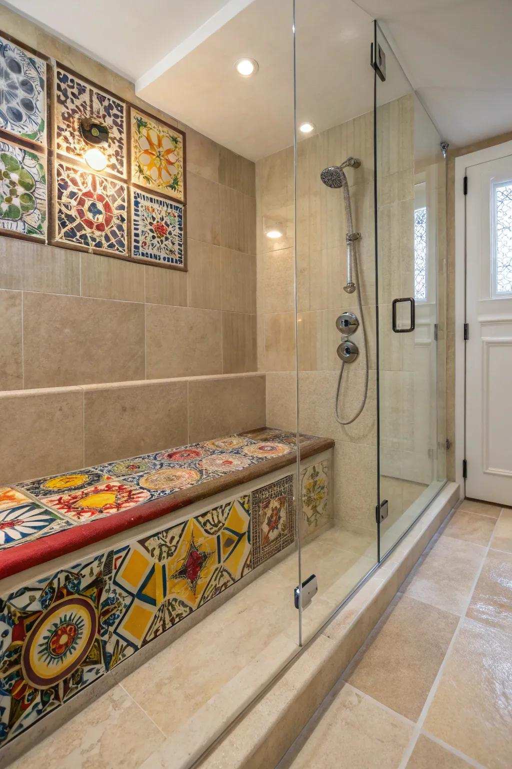 An craft tile bench acts as a bold center point within the walk-in shower.