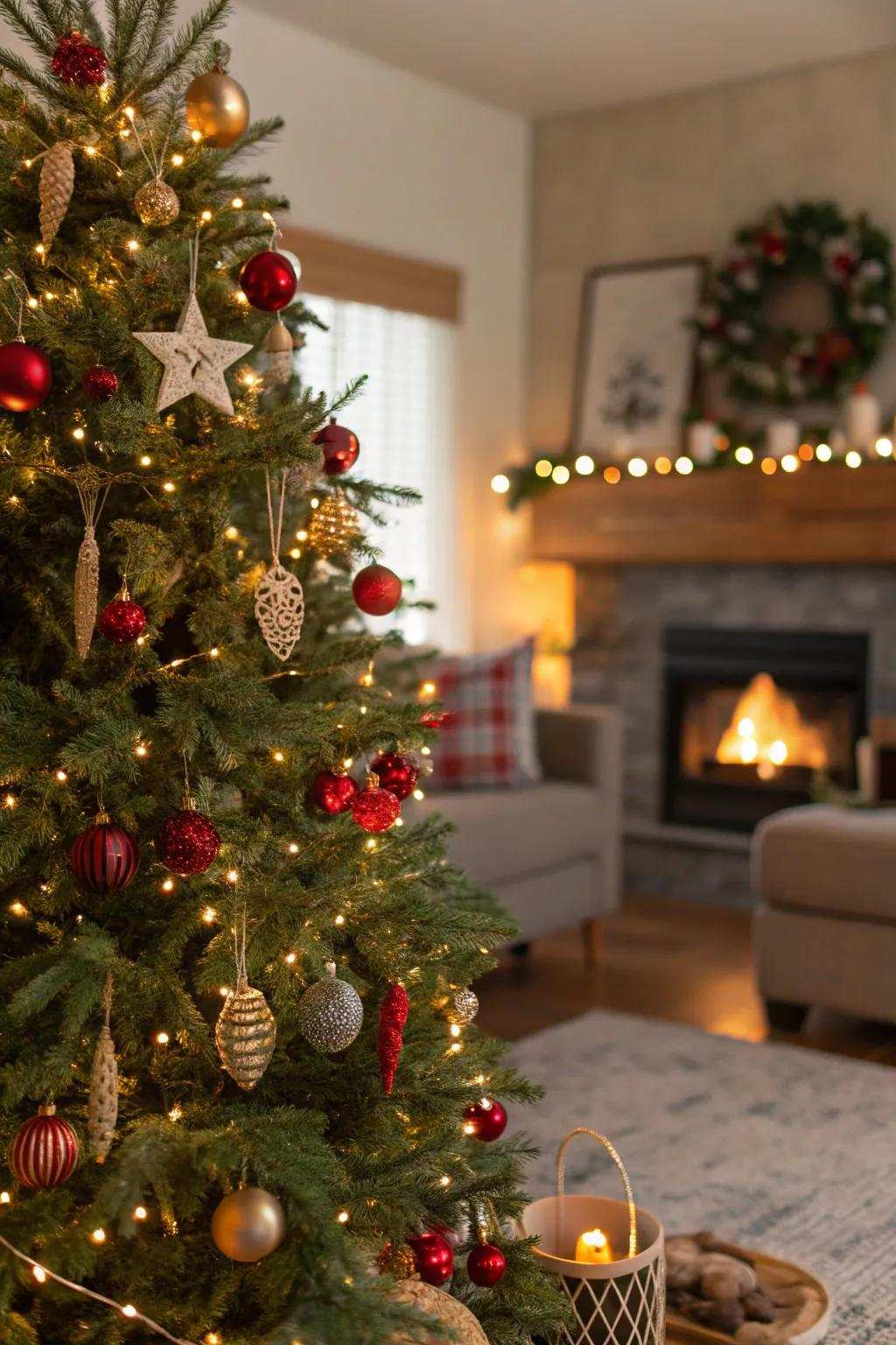 An eco-friendly Christmas tree featuring decorations and LED lighting.