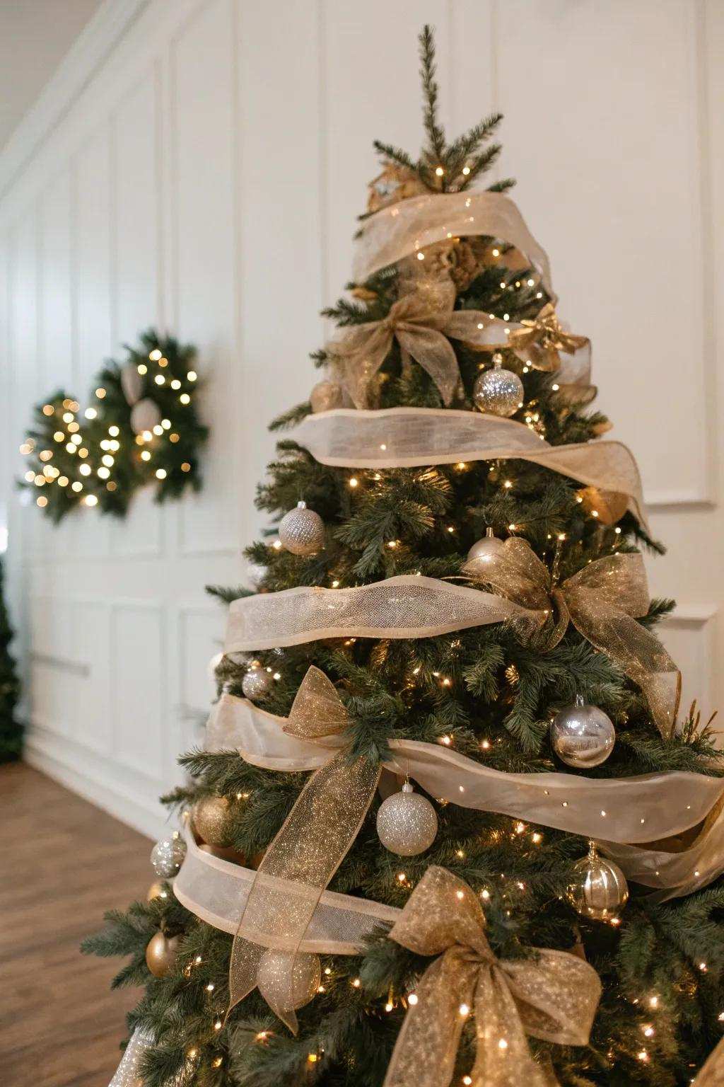 An elegant Christmas tree decorated with layered ribbon decorations.