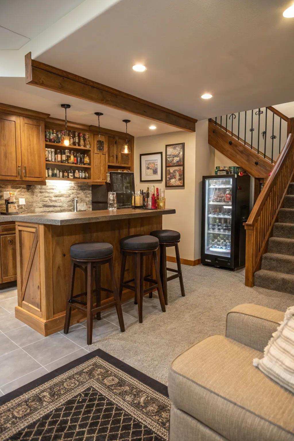 An elegant drink station perfect for hosting in a man cave.