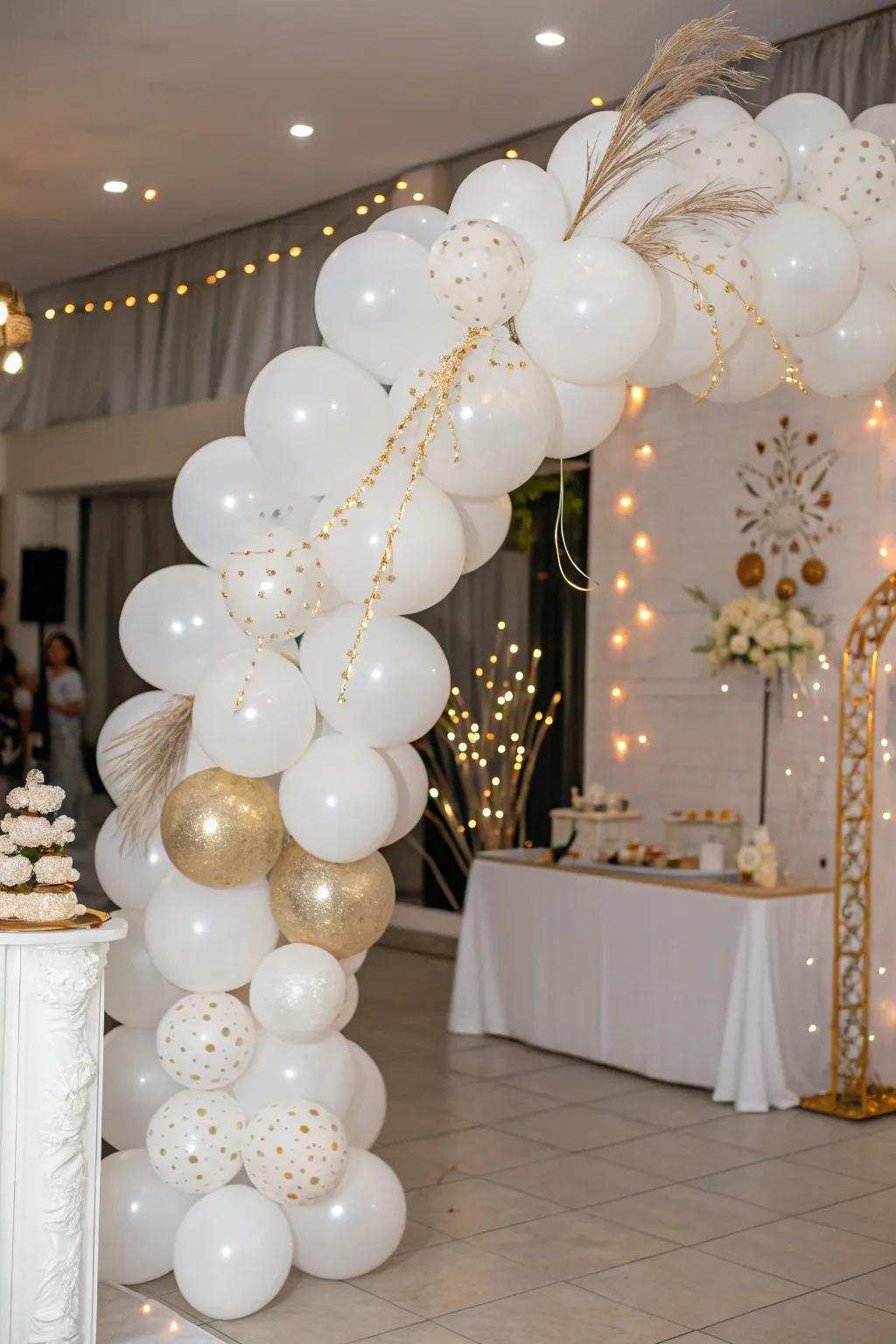 An elegant ivory balloon arch accented with gold, creating a welcoming entrance.