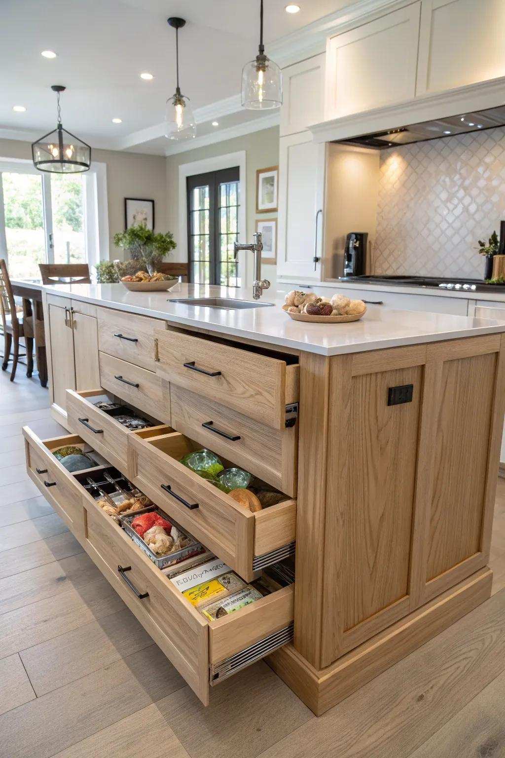An elegant kitchen island featuring ample storage.