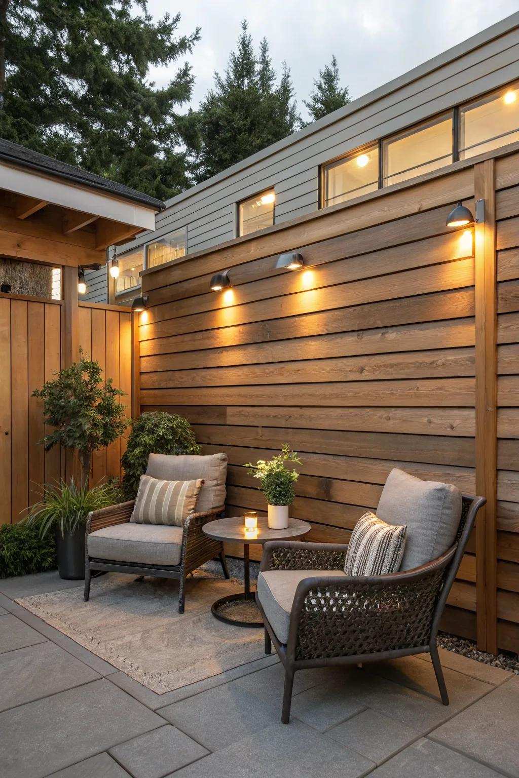 An elegant patio showcasing horizontal redwood timber slats.