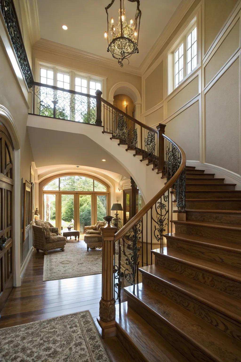 An elegant stairway acts as a focal attraction within the living space.