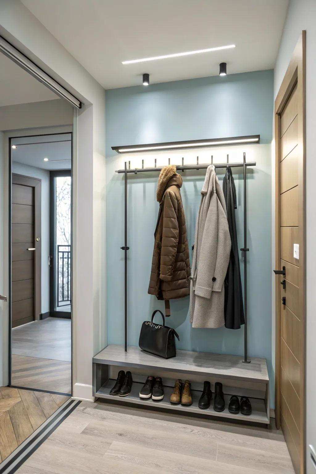 An elegant wall-affixed rack offering beautiful coat storage.