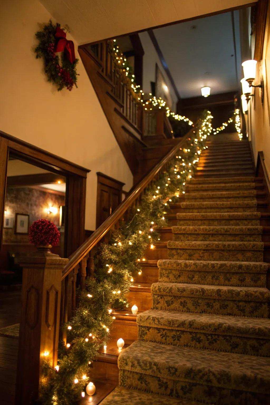 An elegantly decorated stairway featuring seasonal festoons and lights.