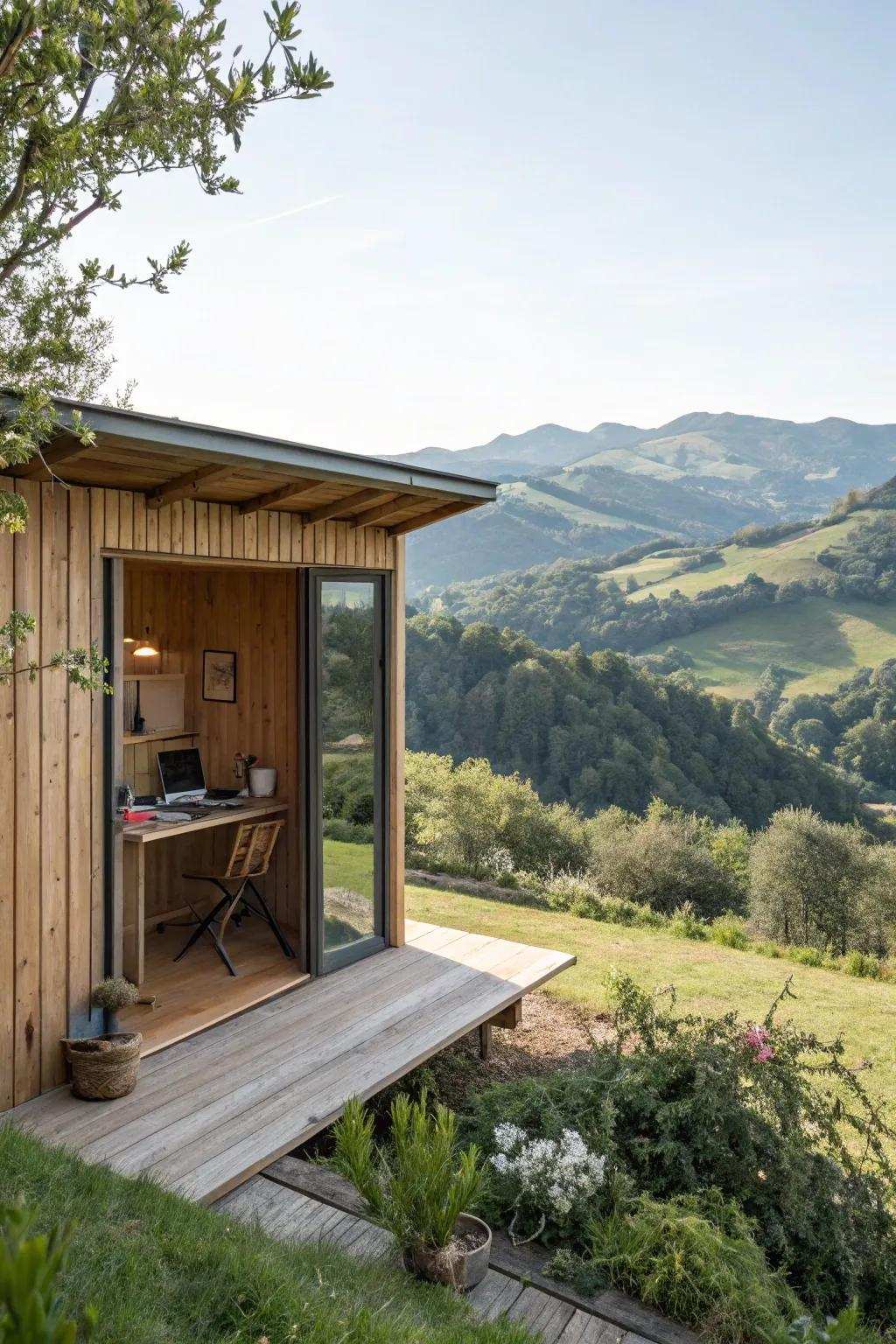 An elevated writing shed offering stunning scenery for perpetual inspiration.