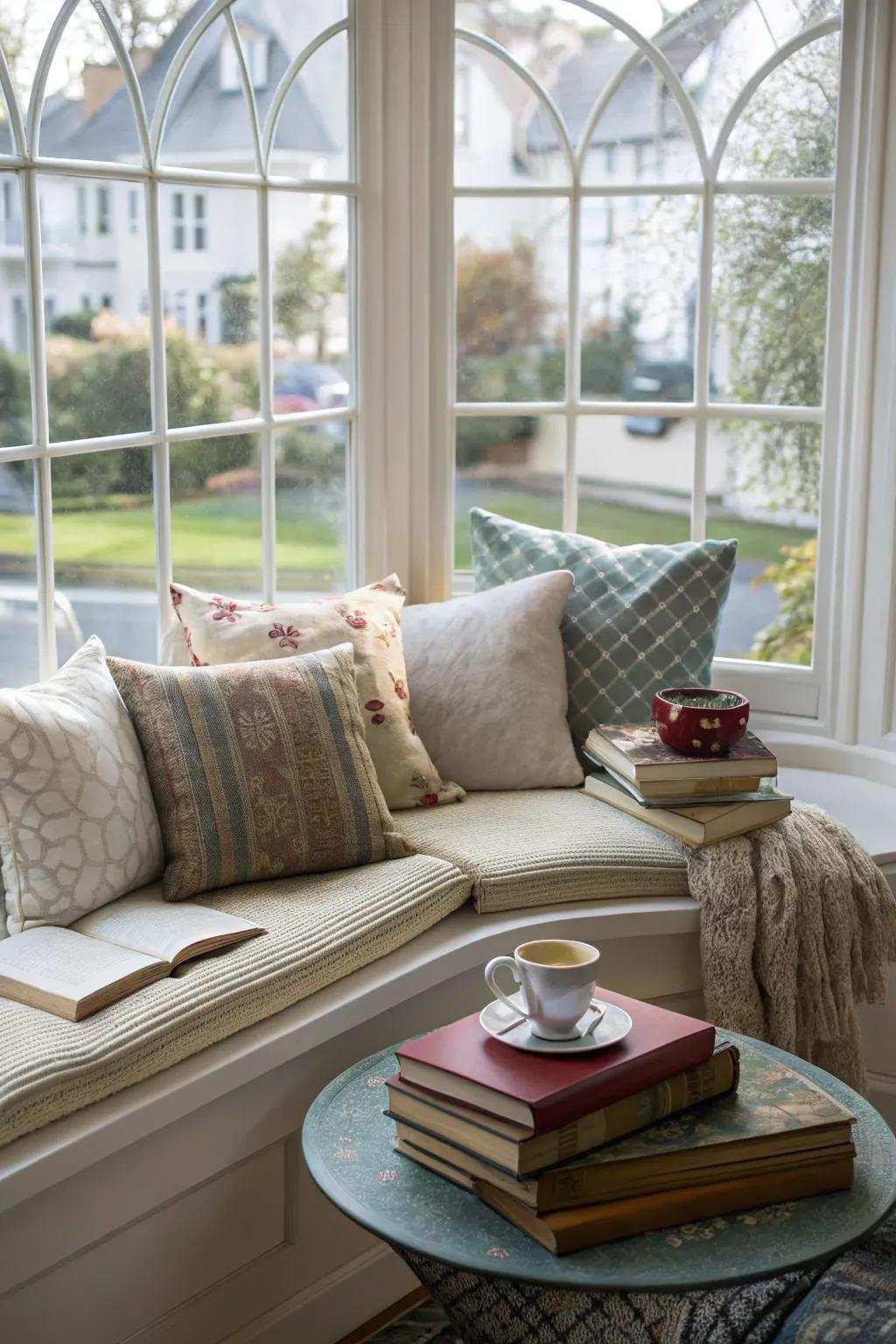 An enchanting projecting window corner, perfect for relaxation and appreciating the view.
