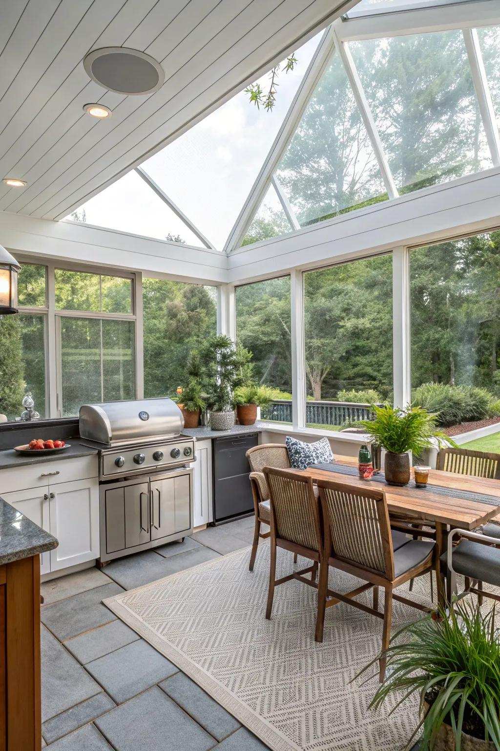 An enclosed mesh-lined patio delivers a bug-free outdoor cooking experience.