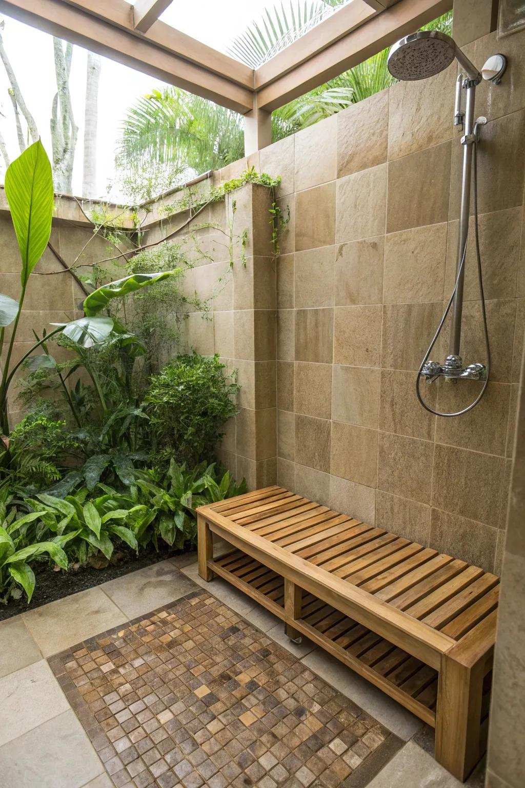 An environmentally friendly bamboo bench brings warmth and sustainability to the shower.