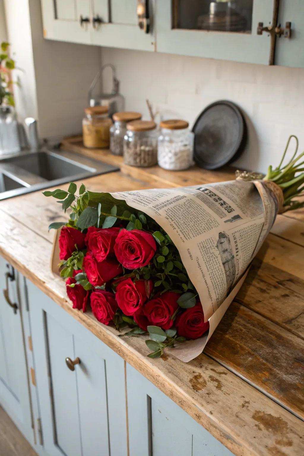 An environmentally responsible bouquet encased in recycled newspaper.