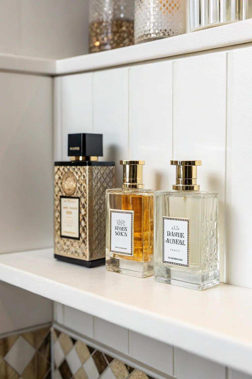 An essentialist display emphasizes the elegance of each fragrance bottle.