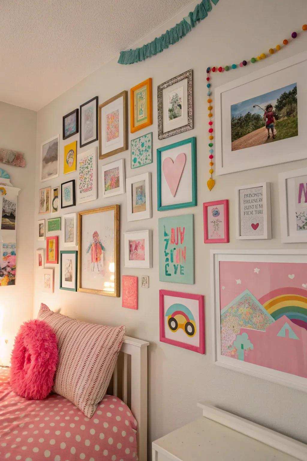 An exhibition surface showcases vibrant art and personal photographs.