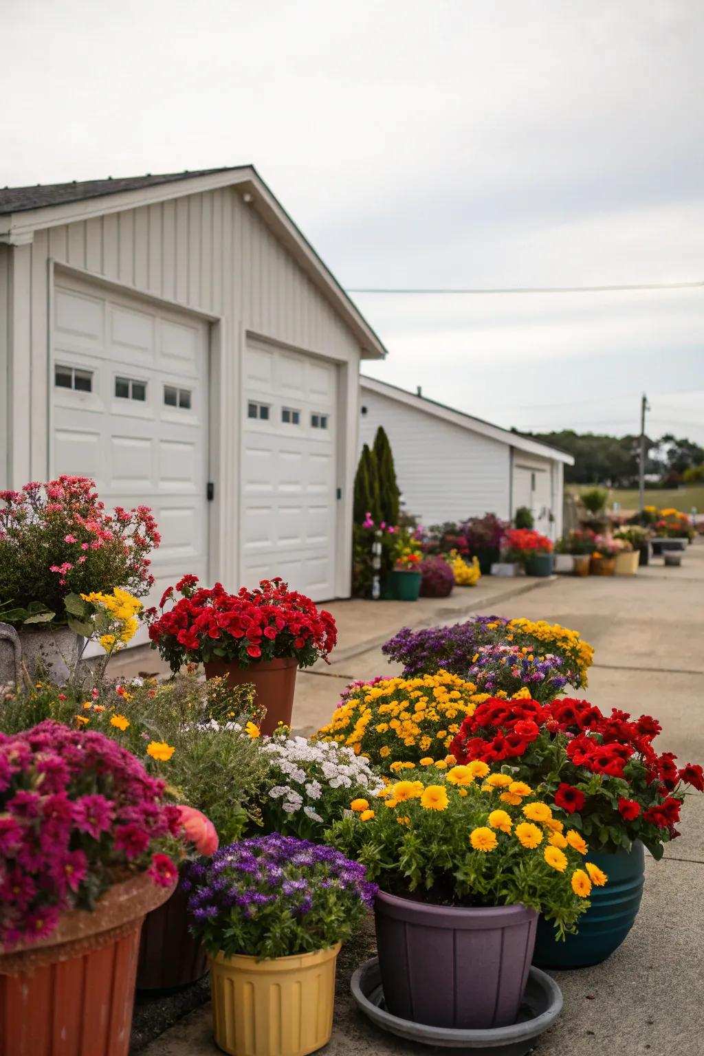 An explosion of vibrancy achieved via lively floral compositions in the garage's frontage.