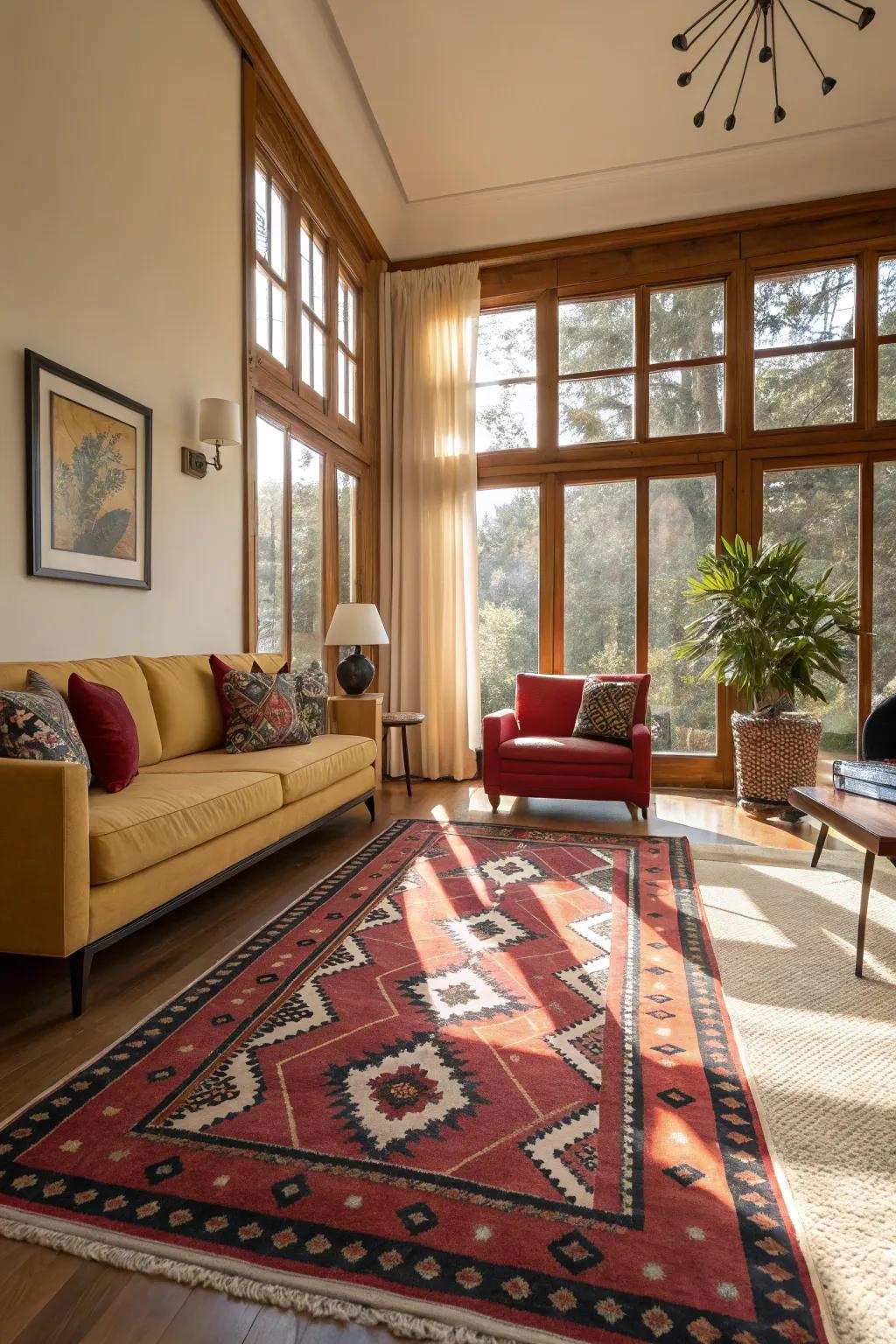 An expressive rug introducing character and comfort to a space dominated by large windows.