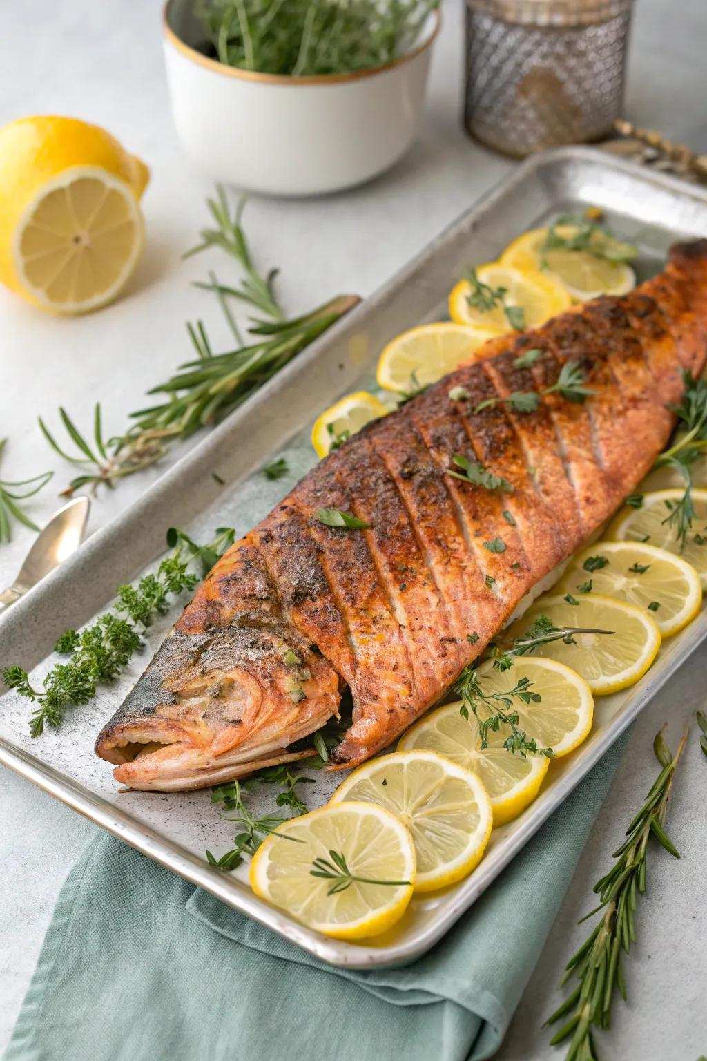 An exquisite salmon dish, grilled to perfection and ready for serving.