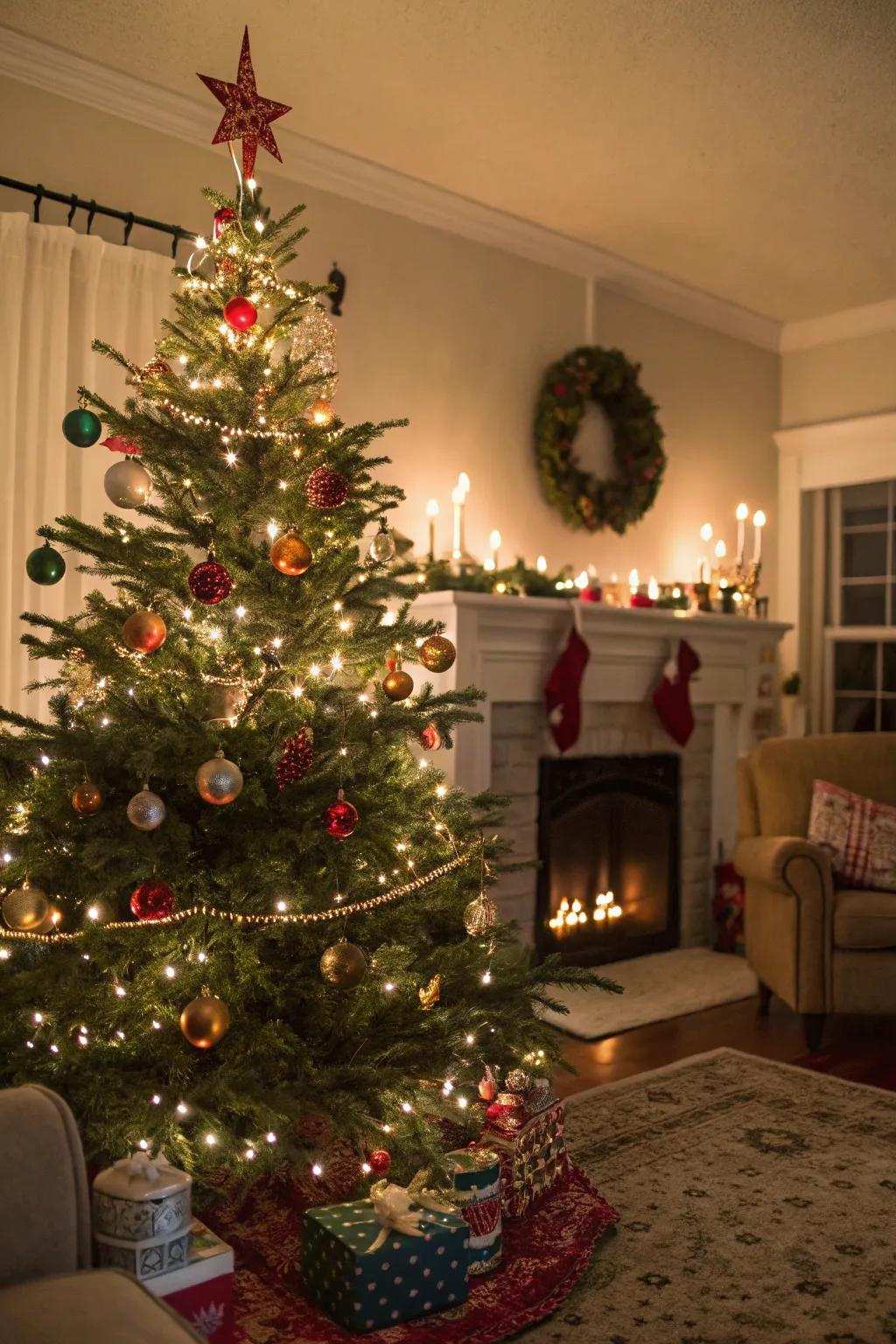 An exquisitely adorned Yule tree featuring a blend of timeless and handmade ornaments.
