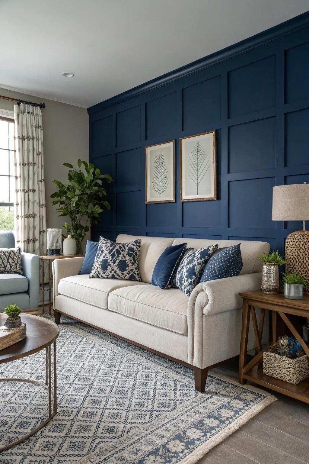 An impressive deep blue feature wall enhancing the depth of the family room.