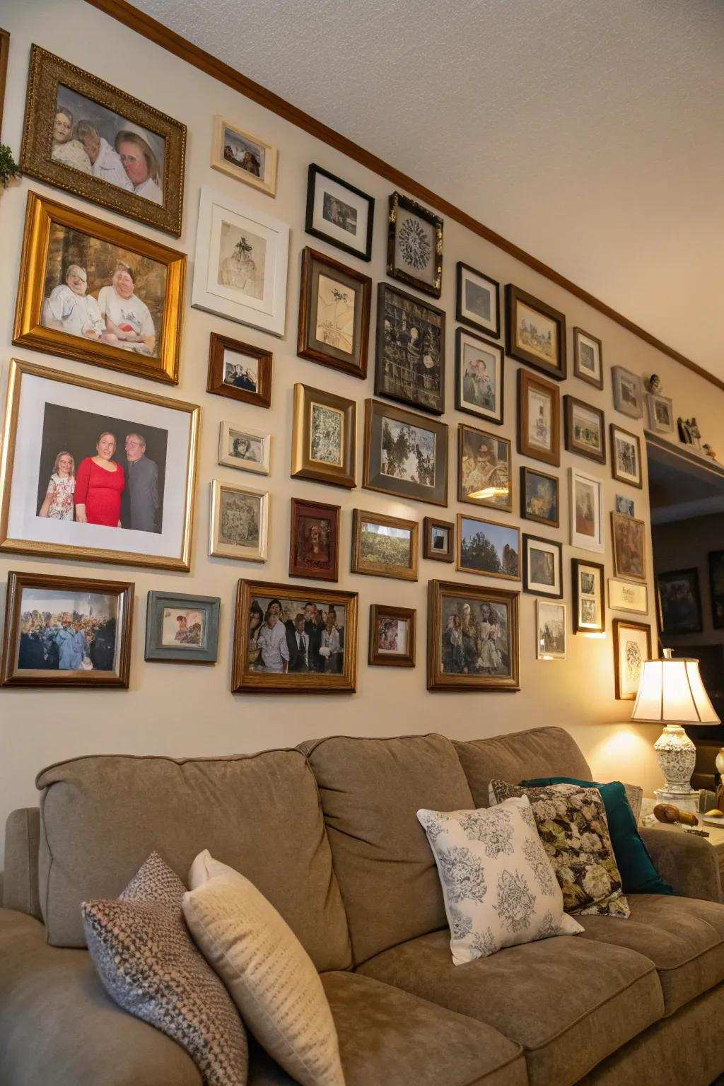 An impressive display of family pictures constructing an emotional memory showcase.