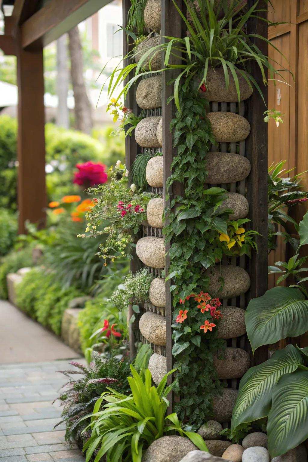 An innovative upright garden bolstered by ornamental rocks.