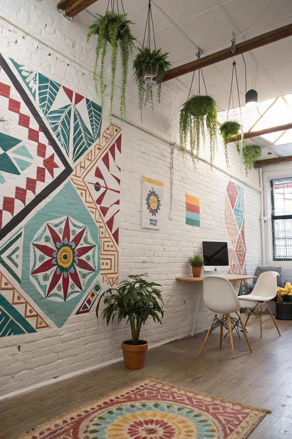 An inspiring studio space featuring a striking geometric-patterned brick wall.